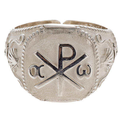 Bishop's ring, adjustable in sterling silver, "Chi-rho, Alpha Om 3