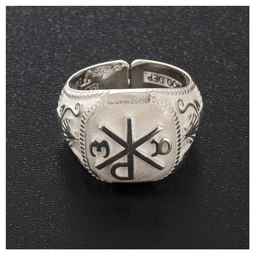 Bishop's ring, adjustable in sterling silver, "Chi-rho, Alpha Om 5