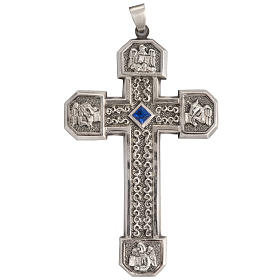Croix pectorale cuivre argenté ciselé pierre bleue