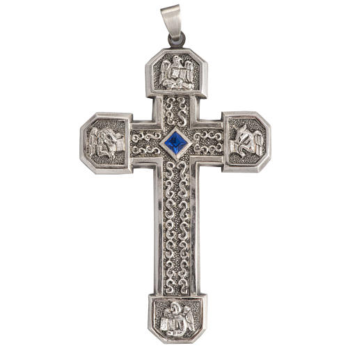 Croix pectorale cuivre argenté ciselé pierre bleue 1