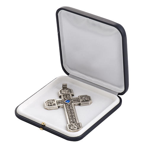 Croix pectorale cuivre argenté ciselé pierre bleue 6