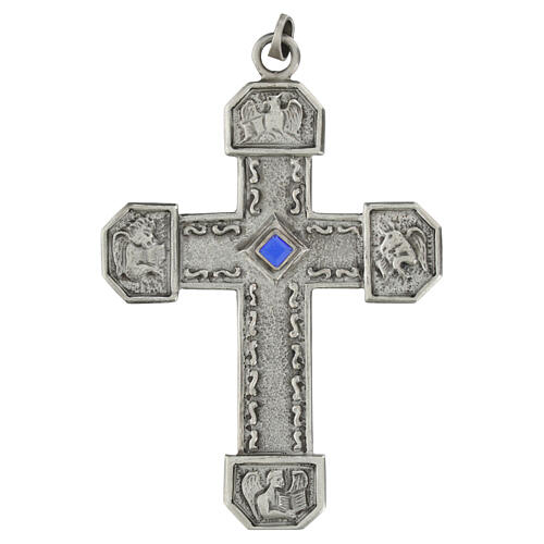 Croix pectorale cuivre argenté ciselé pierre bleue 1