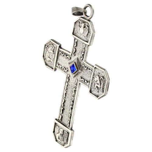 Croce pettorale in rame argentato cesellato pietra blu 2