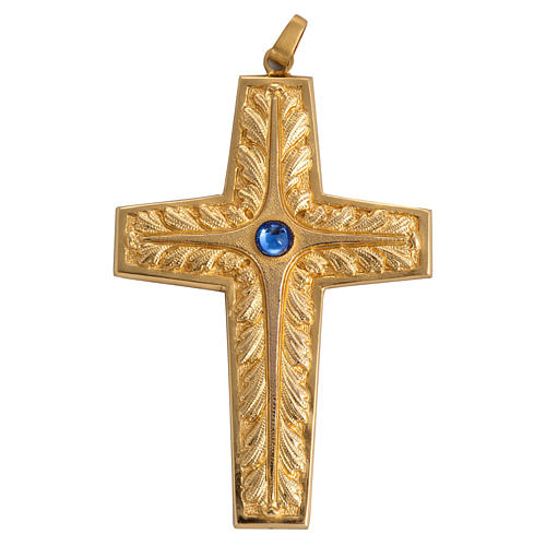 Croix pectorale cuivre doré ciselé pierre bleue 1