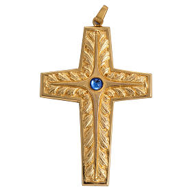 Cruz peitoral em cobre dourado cinzelado pedra azul