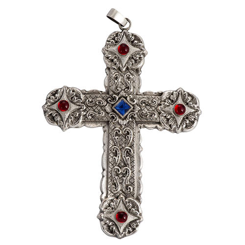 Croix pectorale style baroque cuivre argenté et pierres 1