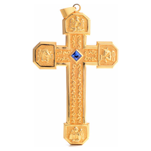 Brustkreuz aus vergoldetem ziseliertem Kupfer mit blauem Stein 1