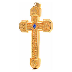Cruz pectoral de cobre dorado cincelado piedra azul