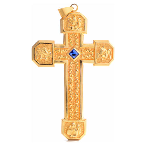 Croce pettorale in rame dorato cesellato pietra blu 1