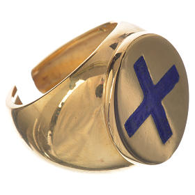 Pierścień pastoralny złocone srebro 925 krzyż niebieska emalia