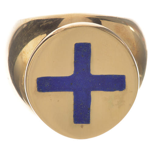 Pierścień pastoralny złocone srebro 925 krzyż niebieska emalia 1