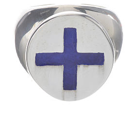 Pierścień pastoralny srebro 925 krzyż niebieska emalia