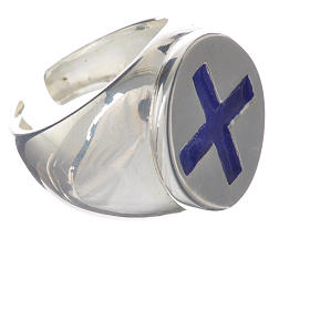 Pierścień pastoralny srebro 925 krzyż niebieska emalia