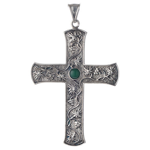 Pectoral cross in silver with green stone, vine branch 1