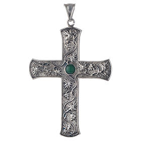 Krzyż pektoralny srebro 925 pędy winorośli kamień zielony