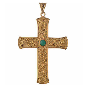 Pectoral cross in gold-plated sterling silver with green vine branch