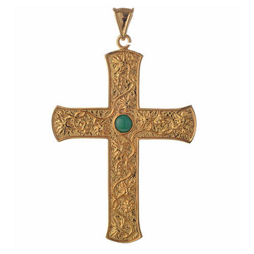 Pectoral cross in gold-plated sterling silver with green vine branch 1