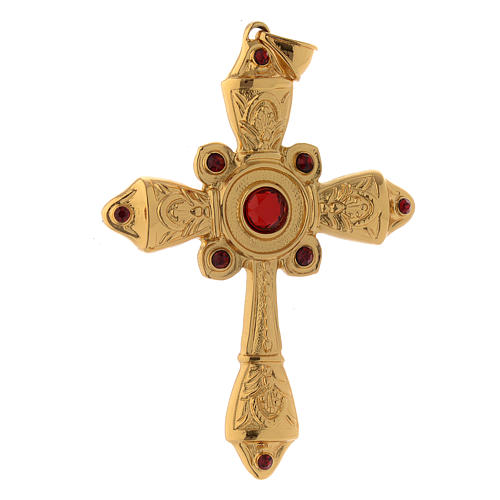 Pectoral cross in gold-plated sterling silver red strass 2