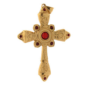 Cruz episcopal prata 925 dourada cristais vermelhos