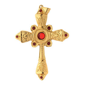 Pectoral cross in gold-plated sterling silver red strass
