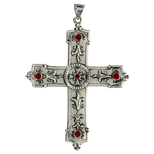 Pectoral cross in sterling silver, red synthetic stones 1