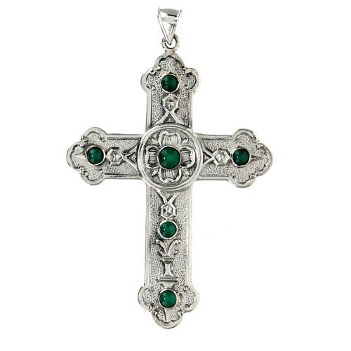 Pectoral cross in sterling silver, green synthetic stones 1