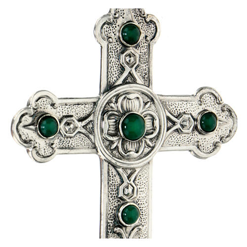 Pectoral cross in sterling silver, green synthetic stones 2