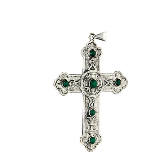 Pectoral cross in sterling silver, green synthetic stones 3
