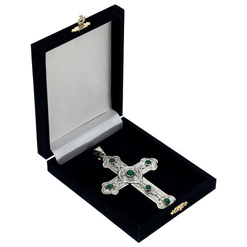 Pectoral cross in sterling silver, green synthetic stones 5