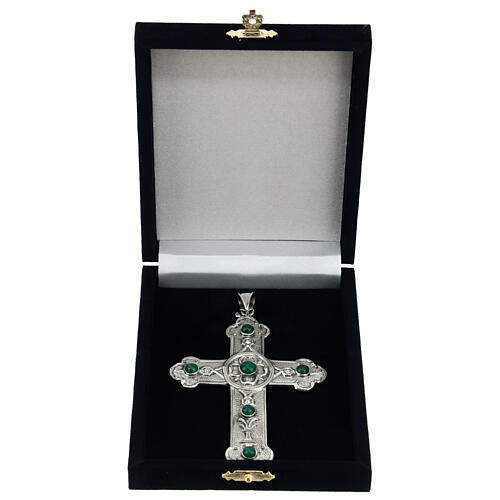 Pectoral cross in sterling silver, green synthetic stones 6