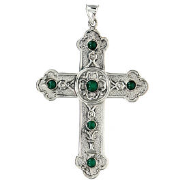 Pectoral cross in sterling silver, green synthetic stones