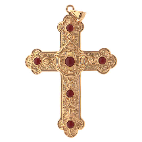 Cruz pectoral plata 925 dorada piedras rojas 1