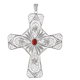 Pectoral cross silver 800 filigree, coral carnelian stone