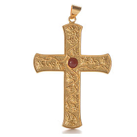 Brustkreuz Silber 925 mit Weinreben und roten Stein