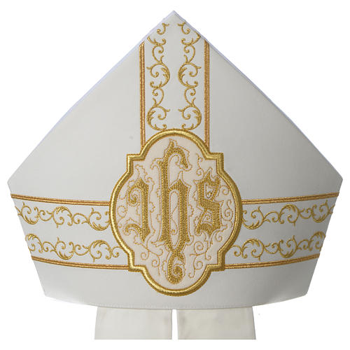 Mitre with golden IHS embroidery on velvet, ivory 2