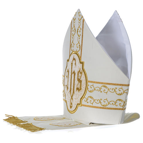 Mitre with golden IHS embroidery on velvet, ivory 3