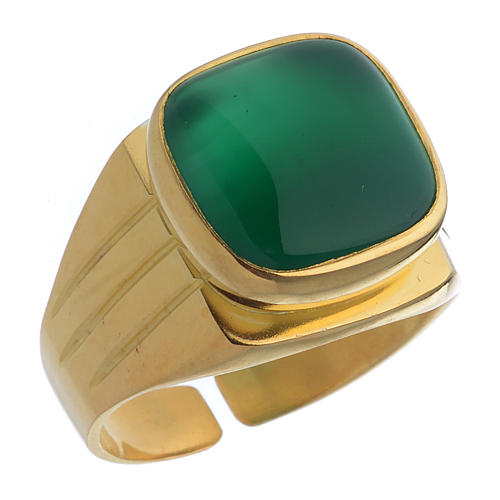 Bishop ring in 800 silver and green agate, golden coloured 1