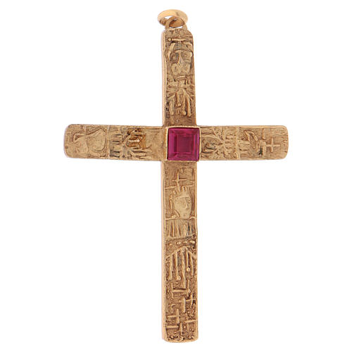Croix pectoral avec rubis synthétique argent 925 doré 1