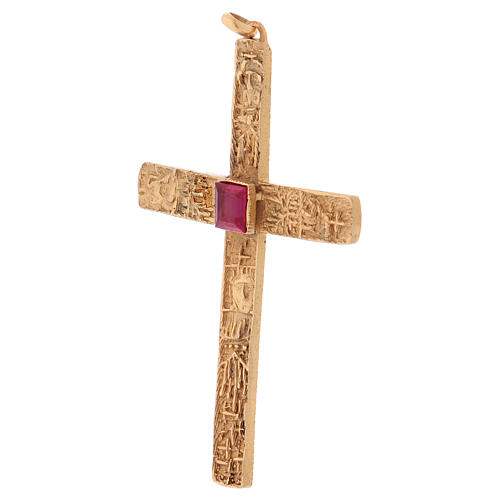 Croix pectoral avec rubis synthétique argent 925 doré 3