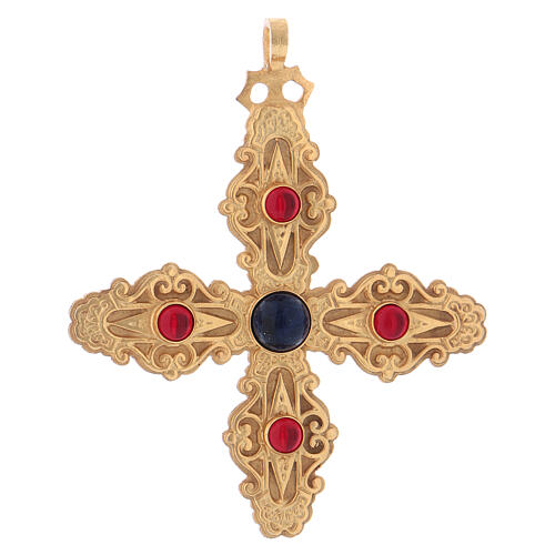 Pectoral cross with carnelian and lapis, in gold plated 925 silver 1