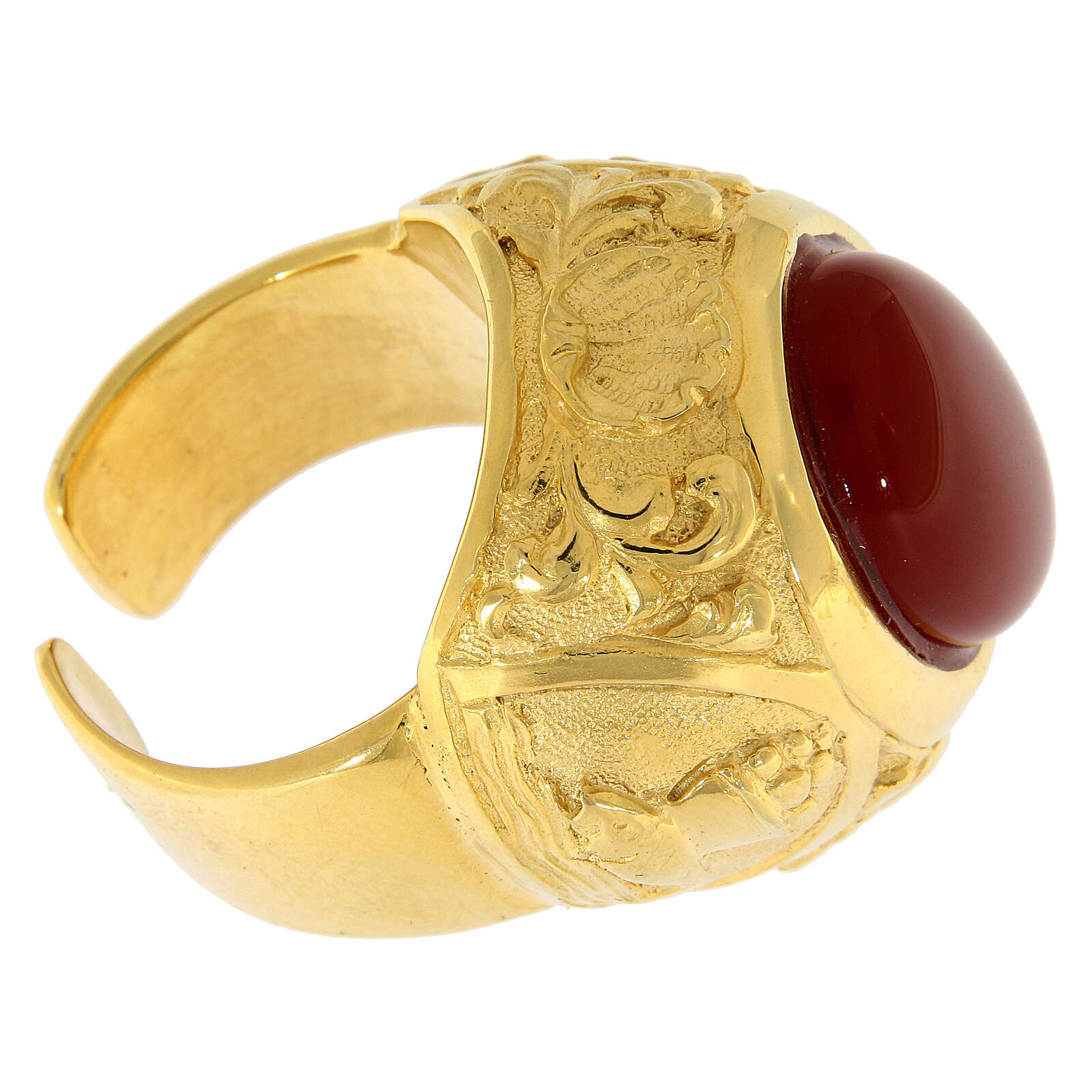 Anello Vescovile Holyart In Argento 925 Dorato Con Croce Tau Smaltata Rossa, Regolabile, Made In Italy