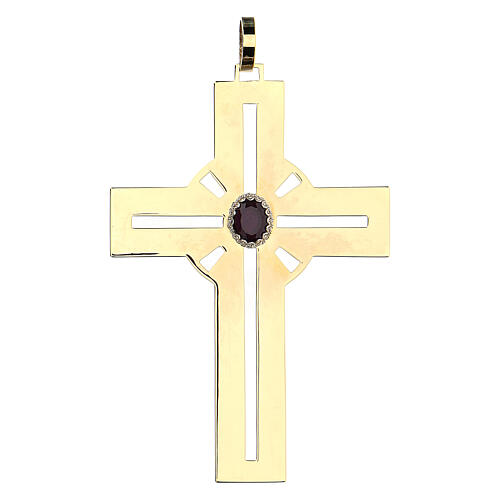 Cruz pectoral dorada plata 925 piedra sintética violeta 1
