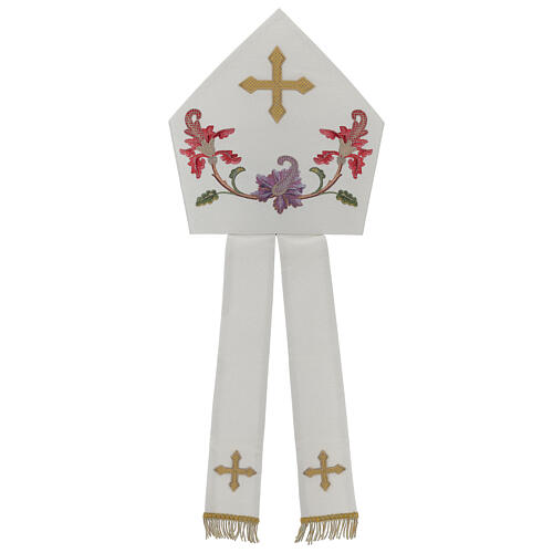 Mitra episcopal cor cru com bordados florais e franjas Edição Limitada 1