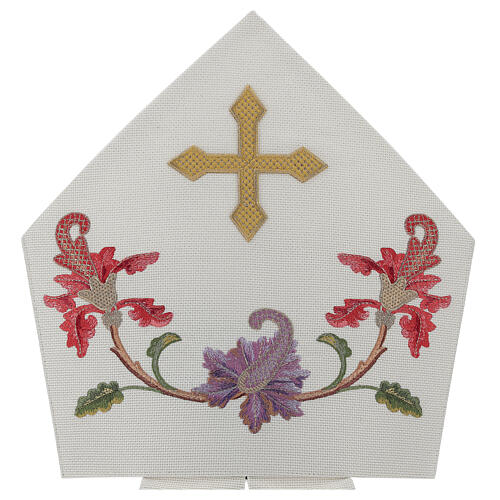 Mitra episcopal cor cru com bordados florais e franjas Edição Limitada 2