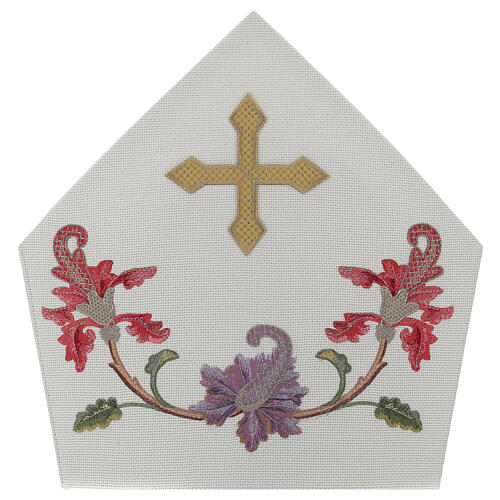 Mitra episcopal cor cru com bordados florais e franjas Edição Limitada 4