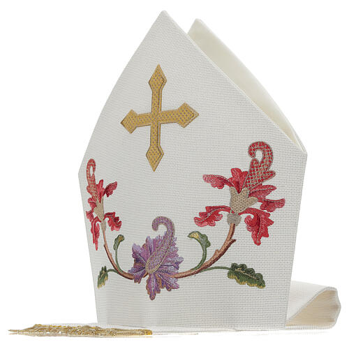Mitra episcopal cor cru com bordados florais e franjas Edição Limitada 5