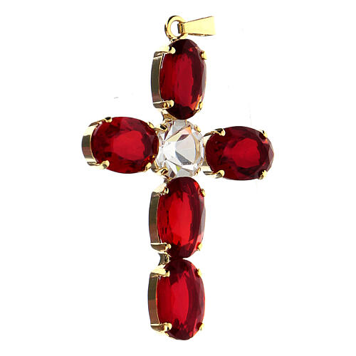 Kreuzanhänger aus vergoldeten Messing, mit ovalen rubinroten Kristallen 2