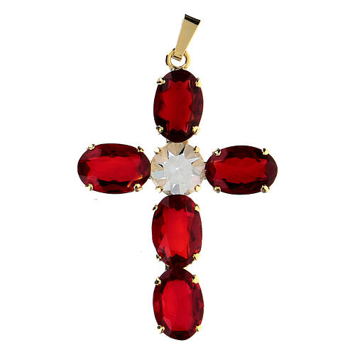 Krzyżyk zawieszka obsadzony kryształ owalny czerwony rubinowy 1