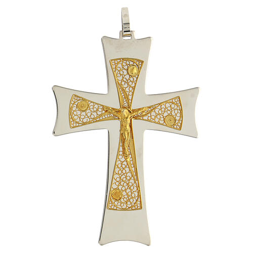 Bishop's cross in two-tone 925 silver with golden filigree 9.5x6.5 cm 1