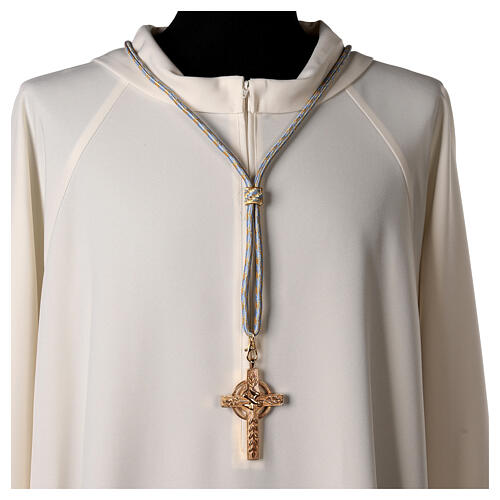 Pectoral cross cord with tassel, light blue and gold 2